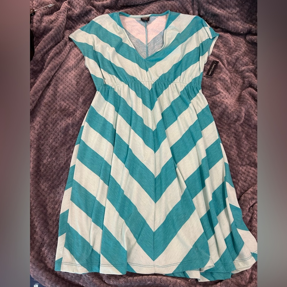 NWT Adorable! Teal on light teal chevron print  v neck Faded Glory dress SzM